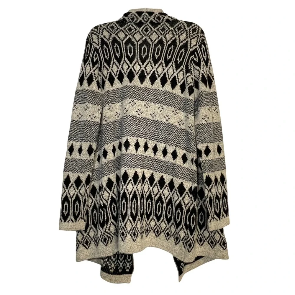 Lucky Brand Cardigan Womens Large Black Cream Aztec Open Front Boho Sweater